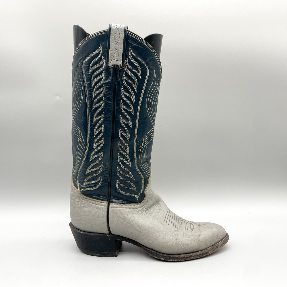 VTG Tony Lama Vintage Mens 7.5 D Grey Navy Blue Leather Cowboy Boots USA 90s